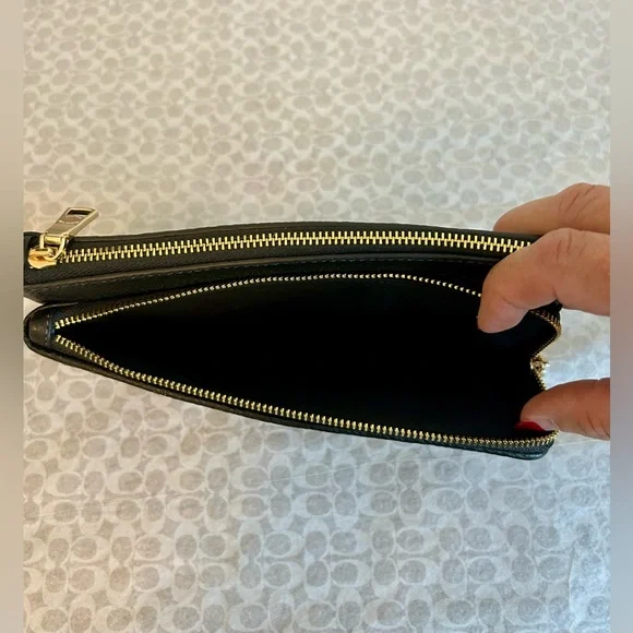 NWT COACH DOUBLE ZIP LARGE WALLET WRISTLET STRAW CAP26 LEATHER TOAST/BLACK - Picture 10 of 12